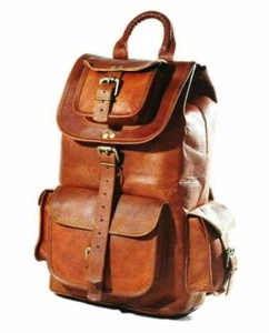 Goat Leather Bag Backpack Rucksack Vintage Genuine Laptop Brown Travel New Men's - Picture 1 of 10