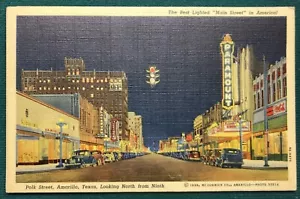 Amarillo Texas TX Polk Straßenszene bei Nacht Leinen Vintage Postkarte - Bild 1 von 2