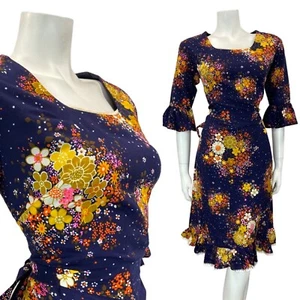 VINTAGE 60 70s BLUE ORANGE YELLOW FLORAL BOUQUET FLOUNCE SLEEVE MOD DRESS 12 - Picture 1 of 8