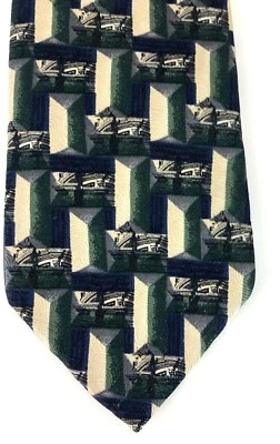 Structure 100% Silk Mens Tie Necktie Blue Green Tan Vintage - Image 1 of 4