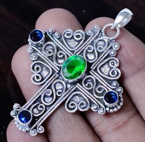 Chrome Diopside,Blue Tanzanite Gemstone 925 Sterling Silver Cross Gifted Pendant - Picture 1 of 6