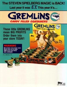 Contenedores rellenos de caramelos Gremlins distribuidor venta hoja anuncio 1984 Topps - Imagen 1 de 1
