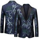 Men Plant Pattern Jacquard Tuxedo Jacket Peak Lapel Dress Suit Blazer Coat Retro