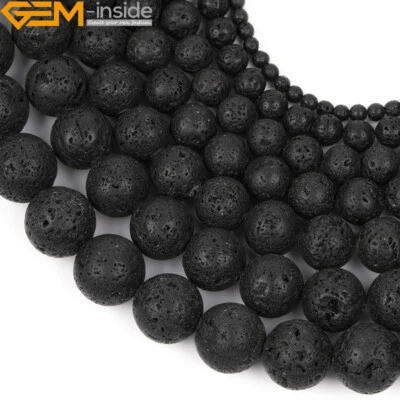 Cuentas sueltas redondas de piedra de roca de lava volcánica negra natural para hacer joyas de 15" Foto 1 de 4