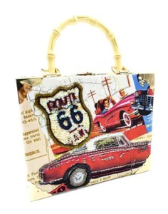 Bolso bolso de mano de bambú con mango de bambú imitado con lentejuelas iridiscentes ROUTE 66 coche de carretera - Imagen 1 de 12