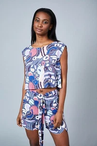 Native Youth Top Size 10 12 & 14 Nostalgia Blue Retro Print Crop Blouse HE55 - Picture 1 of 2