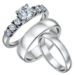Titanium Engagement Ring & Him & Hers Short Shape 4&6mm Wedding Bands - Picture 1 of 4