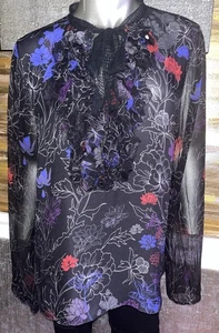 Blusa de seda negra con estampado floral Elie Tahari Renata precio de venta sugerido por el fabricante 298 USD talla XL nueva - Imagen 1 de 15