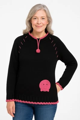 Quacker Factory Pig Quarter-Zip Sweater Black/Pink Cotton Womens XS bust 20" ptp - Image 1 of 4