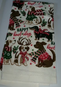 FULL UNCUT CHRISTMAS HAPPY HOWLIDAYS DOG Print Cotton Kitchen Towel - Picture 1 of 1