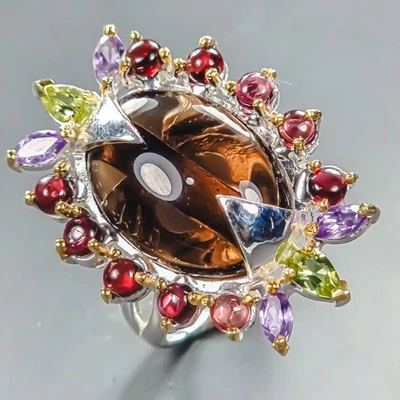 Anillo de cuarzo ahumado natural hecho a mano de 12 quilates + plata de ley 925 tamaño 8,5 / R440171 Foto 1 de 4