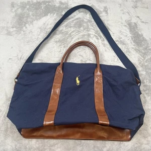 Ralph Lauren Duffel Bag Mens Navy Brown Canvas Shoulder Travel Tote Polo - Picture 1 of 16