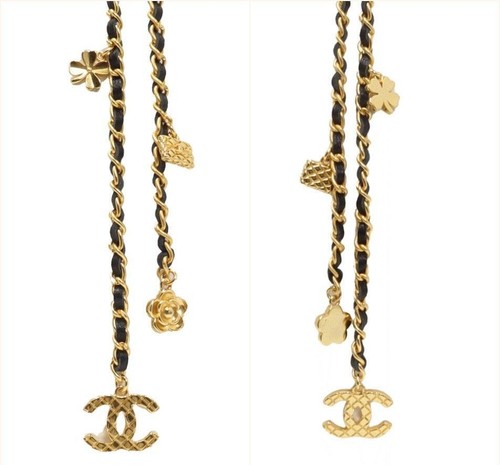 Collana CHANEL Icona Charm L20 C Incisione GP Oro Pelle Strass Perla Nero