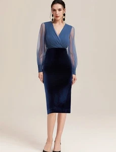 Robe col V manches longues velours bleu Fehaute taille 4 Neuf avec étiquette ! - Photo 1/6