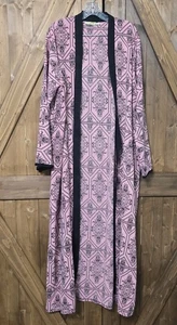 Accappatoio vintage egiziano Abaya rosa e nero stampa geometrica spolverino aperto davanti difettoso - Foto 1 di 5