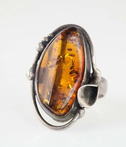 Anello Floreale In Argento Sterling Con Ambra Per Signore Vintage Taglia 7! - Foto 1 di 5