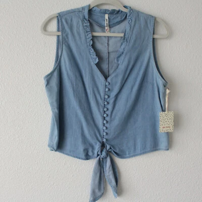 GIRL KRAZY Top Azul Sólido Cambray Sin Mangas Botones Corbata Frontal ¡NUEVO CON ETIQUETAS! - Talla M  Foto 1 de 4