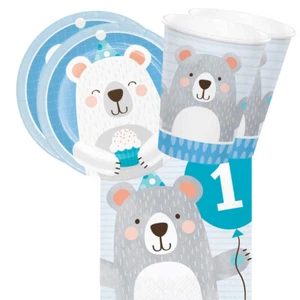 1st Birthday Party Supplies Blue Bear 16 Guest Tableware Pack Boy One First - Picture 1 of 4