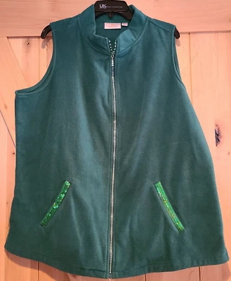 Quacker Factory Size 1X Fleece Vest Full Zip Bling Sequin Trim Pockets Green - Image 1 of 4