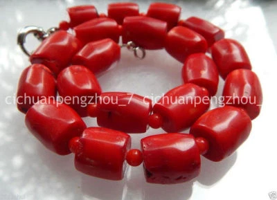 Vintage Estate Chunky Big 13-15MM Red Coral Barrel Bead Necklace 18'' - Image 1 of 4