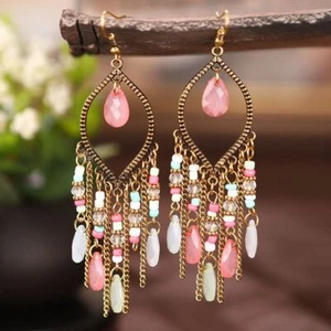 Acrylic Beads Tassel Earrings - Zinc Alloy Bohemian Crystal Chain Women Fashion - Picture 1 of 18