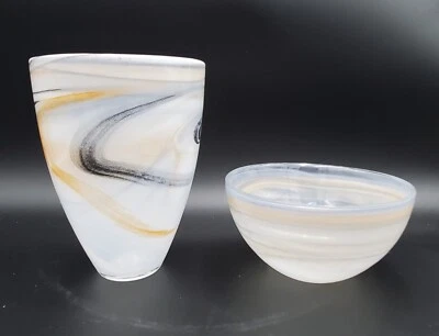 Swirl Alabaster Bowl & Vase Modernist Shiraleah White Gray Art Glass Turkey - Image 1 of 4