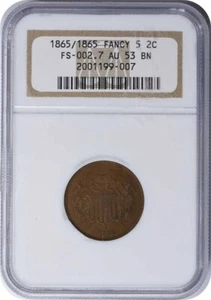 1865 Two Cent Piece RPD FS-1302 AU53 NGC - Picture 1 of 2