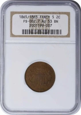 1865 Two Cent Piece RPD FS-1302 AU53 NGC - Image 1 of 2
