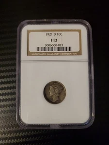 1921-D Mercury Silver Dime NGC F-12 + Bonus Coin - Picture 1 of 4