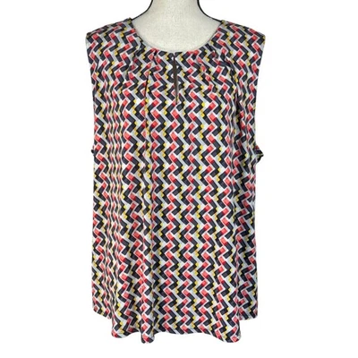 Top Liz Claiborne 2X Grande Geométrico Plisado Cuello Redondo Cerradura Sin Mangas Multi Foto 1 de 4