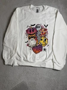 Halloween Sweater Womens Size Medium White Decal Gildan Heavy Blend Pullover - Picture 1 of 10