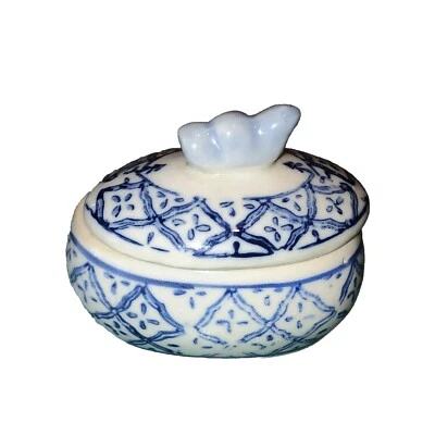 复古蓝色和白色椭圆形盖盘盒 — 第 1/4 张图片