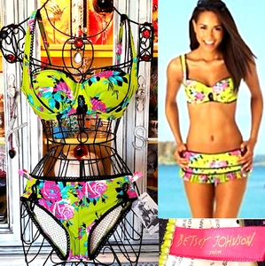 Vintage Betsey Johnson Gypsy Rose Bikini Green Pink Floral Pinup Swimsuit S XS - Picture 1 of 13