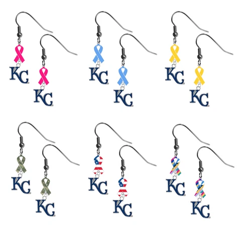Kansas City Royals 2 Ribbon Earrings Pink Cancer Blue Yellow Camo USA Crucial Cover