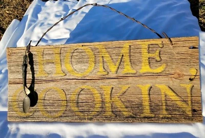 SIGNO DE COCINA CASERA hecho a mano de madera de granero y alambre de púas decoración de granja de campo Foto 1 de 4