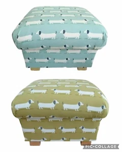 Storage Footstool Fryetts Hound Dogs Fabric Pouffe Dachshunds Ochre Duck Egg - Picture 1 of 15