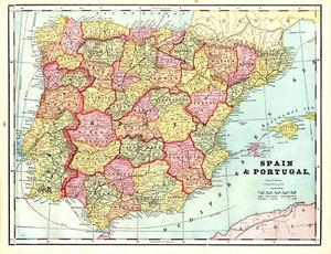 SPAIN & PORTUGAL Antique authentic map 1893 - Picture 1 of 1