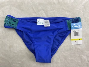 California Waves Women's Bikini Bottom Blue Size Medium Green Crochet Trim - Picture 1 of 11