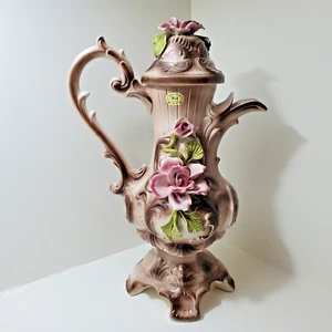 IREA BASSANO ITALIEN CAPODIMONTE FUSSKRUGVASE MIT DECKEL ROSA ROSEN 18 1/2 ZOLL - Bild 1 von 24