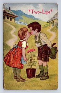 Europäischer Junge & Mädchen küssen zwei Lippen Romantik Liebe Postkarte - Bild 1 von 4