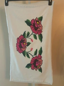 Vtg. Cottage Core Embroidered Needlepoint Pillow Case Pink Red Floral 17”x 29” - Picture 1 of 10