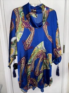 NWOT Women’s Tunic Blue Kurta Medium Paisley Multi Color Design L/S Elegant - Picture 1 of 13
