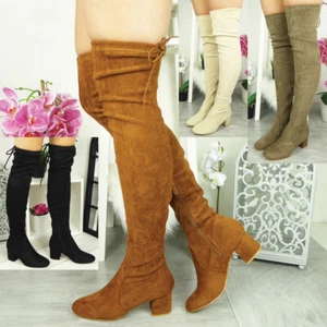 Damas Botas hasta el muslo Mujeres Sobre la rodilla Cremallera Larga Con cordones Tacón bloque Zapatos - Imagen 1 de 36