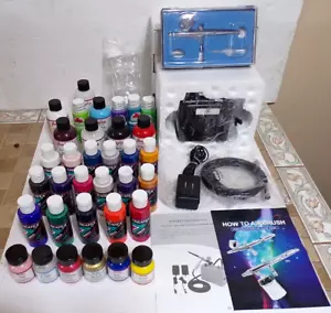 Neu Hseng HS08AC-SK Airbrush Kit mit Pistole & 34 neu/gebraucht verschiedene Flaschen Farbe - Bild 1 von 5