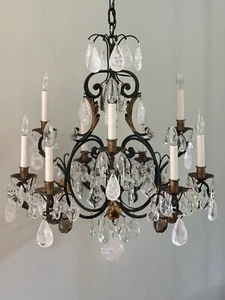 Vintage French Rock Crystal Iron Chandelier Glass Fruit 9 Light - Picture 1 of 23