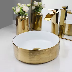 US Round Bathroom Sink Golden Ceramic Basin Waterfall Spout Deck Mount Brass Tap - Picture 1 of 6