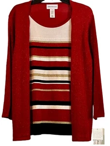 Alfred Dunner Overlay Sweater Top SZ Med Metallic Red Scoop Neck 3/4 Sleeve NWT - Picture 1 of 12