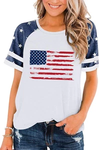 American Flag T Shirt Women Shirts Raglan Short Sleeve Patriotic Tee Tops - Picture 1 of 12