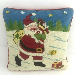 Almohada de Papá Noel punta de aguja escena de Navidad 13" x 13" parte trasera roja - Imagen 1 de 9