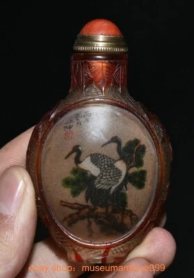 3" Old China Chinese amber Grus japonensis crane snuff box Bottle - Image 1 of 4